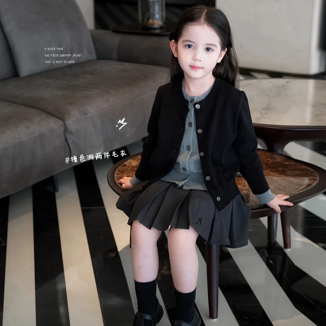 AnnieGirl秋季新款时髦miu系假两件女童针织开衫毛衣2025秋款上衣
