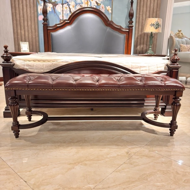 欧式实木客厅雕花床尾凳美式轻奢长床榻卧室换鞋凳贵妃榻家用复古