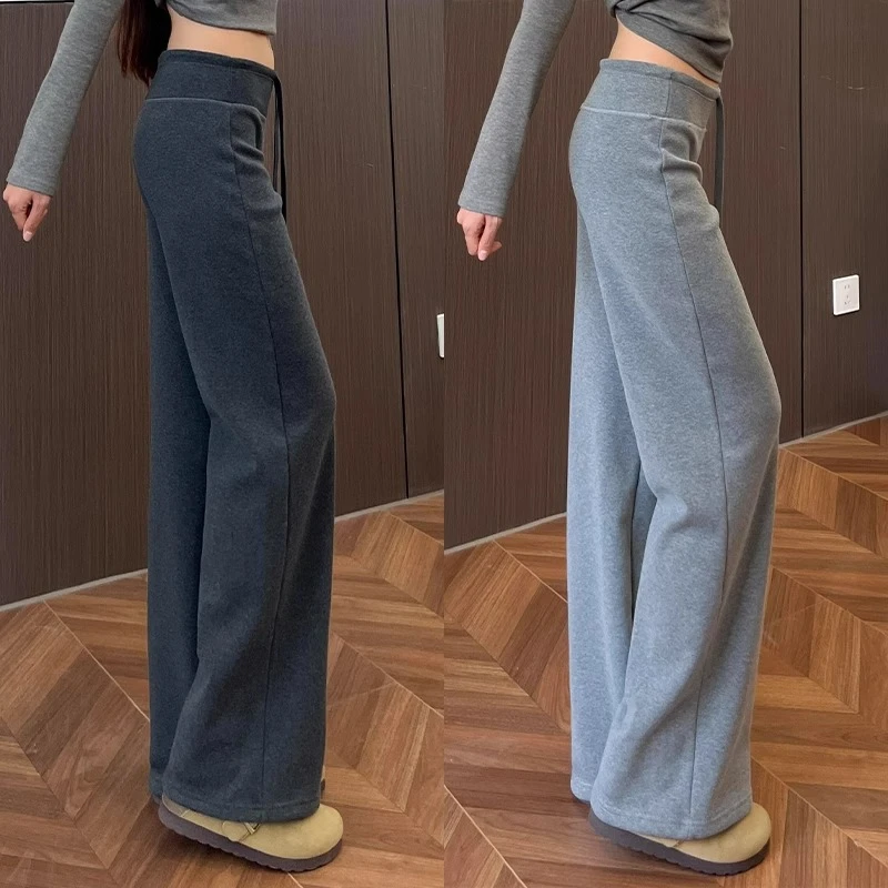 灰色直筒运动裤女春秋2025年新款高腰垂感宽松直筒卫裤窄版阔腿裤