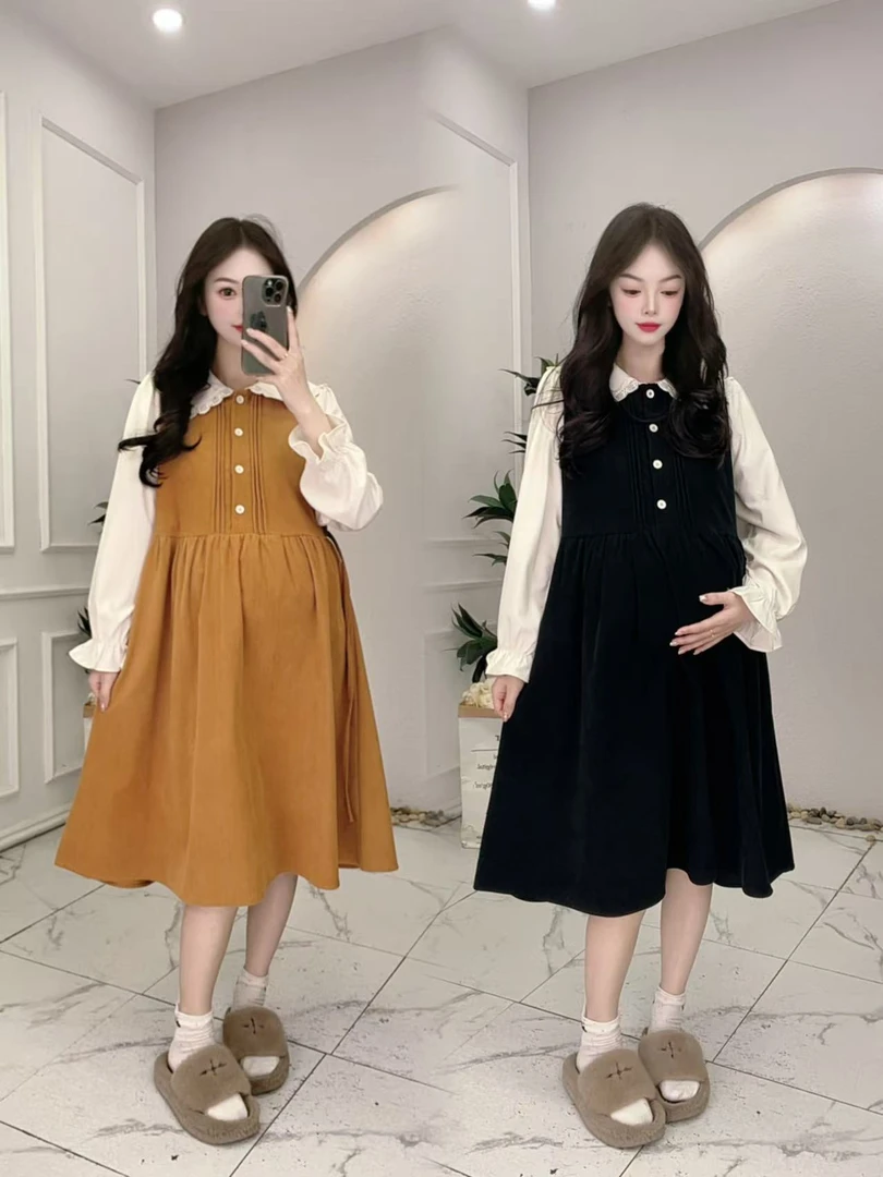 孕妇装2025秋冬新款韩版娃娃领拼接宽松显瘦气质孕妇连衣裙-61811
