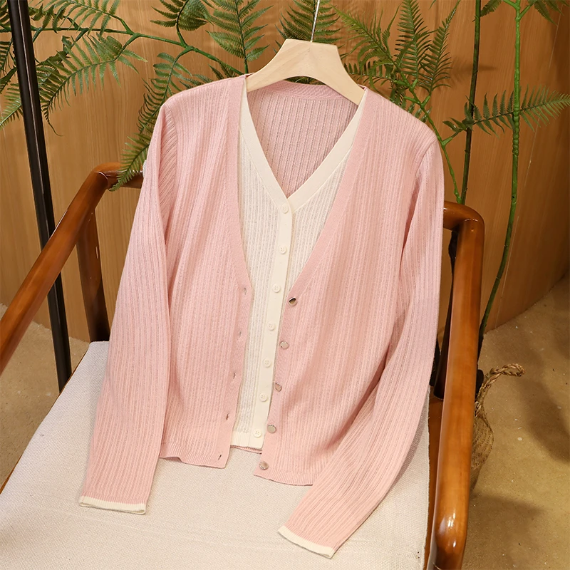 2025春季新款V领长袖针织开衫上衣女假两件女针织衫