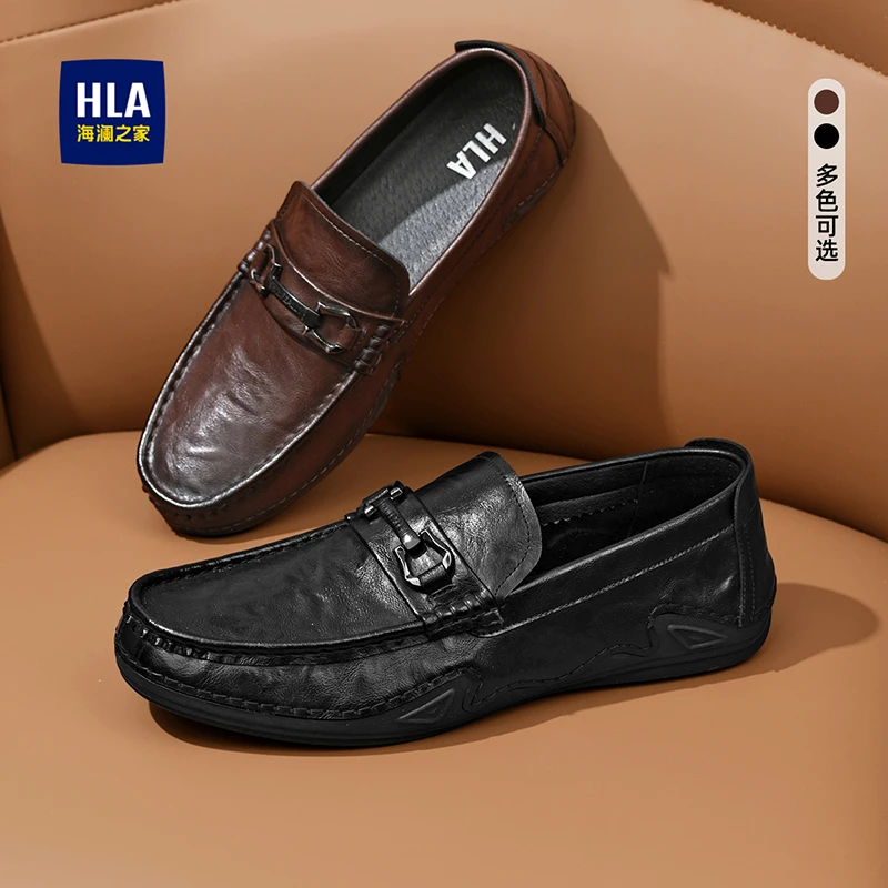 HLA/海澜之家真皮豆豆鞋男士开车专用鞋春秋季套脚一脚蹬懒人鞋男