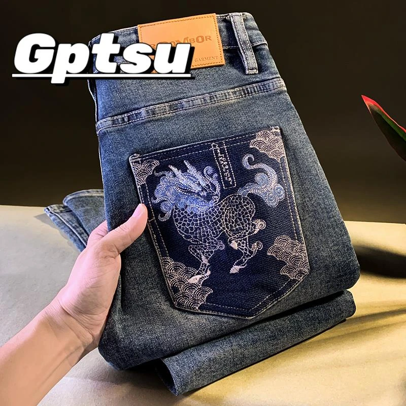 GPTSu2025秋季修身牛仔裤男国潮刺绣小脚休闲长裤弹力百搭男裤子