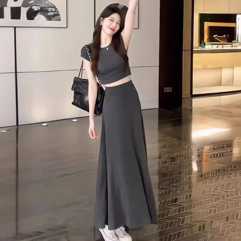 套装裙女2025夏季新款辣妹灰色短袖T恤上衣半身裙长裙两件套氨纶