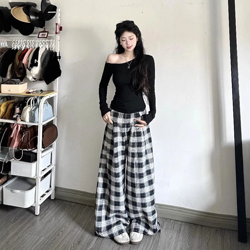 黑色斜肩长袖T恤女春季小个子修身内搭打底衫直筒拖地裤两件套装