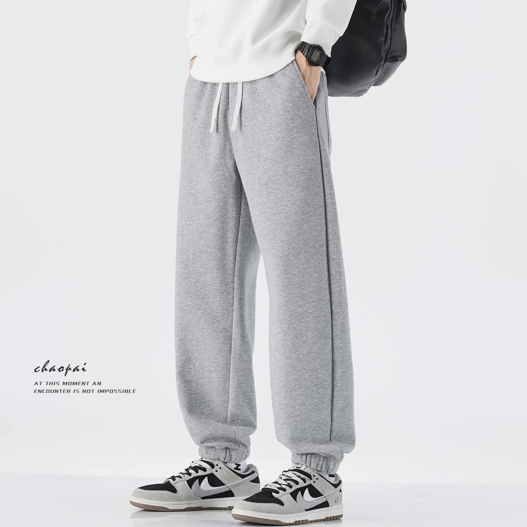 秋冬季新款日系宽松加绒松紧腰束脚针织卫裤男士简约休闲裤男裤子