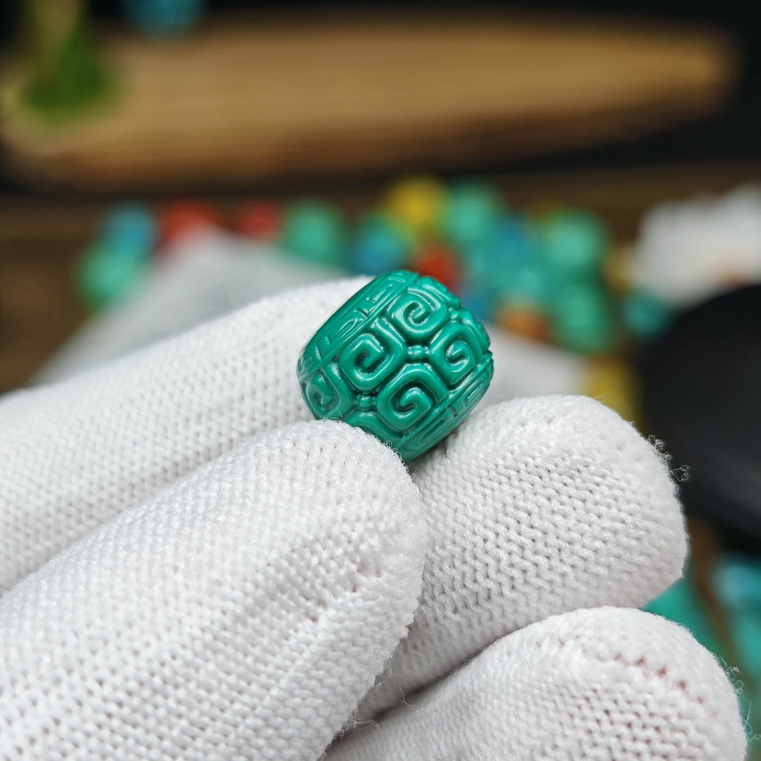 【A74】12x11回纹老型珠桶珠高瓷绿满工精雕散文玩配珠配饰手串配件