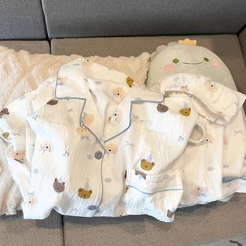 可爱小狗睡衣女款夏季云朵棉短袖短裤三件套少女休闲可外穿家居服