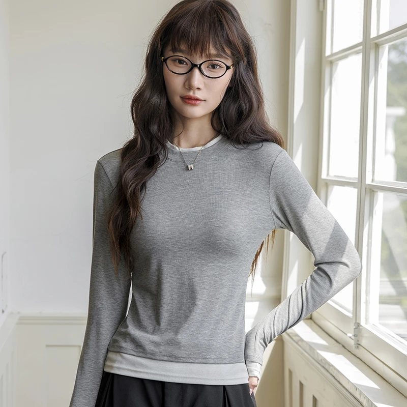 醉梓菡莱赛尔+绵羊毛假两件打底衫女拼接设计T恤秋冬美式长袖上衣