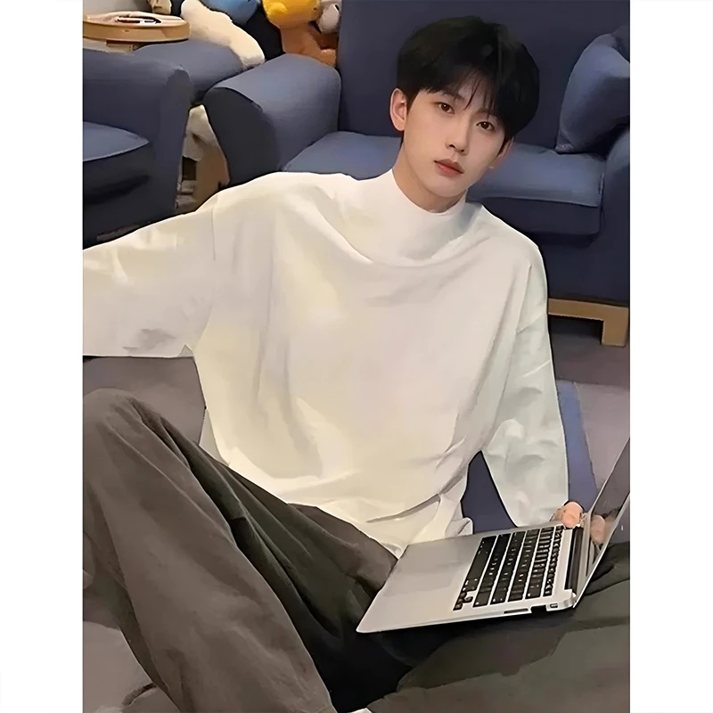 白色半高领德绒打底衫男款秋冬季内搭长袖t恤cleanfit高级感卫衣