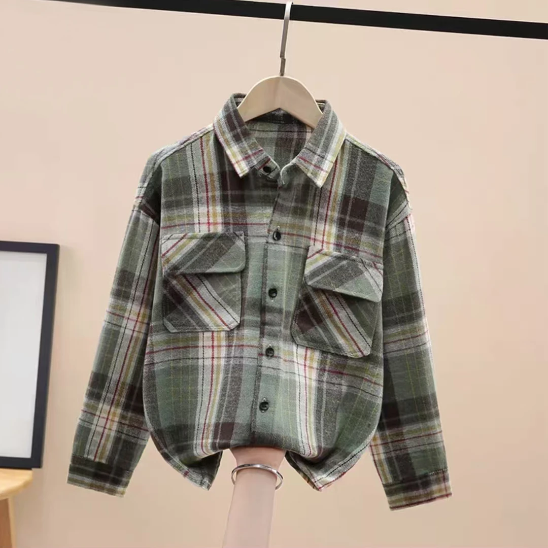 舒适百搭中大童复古工装格纹美式衬衣春秋时尚内搭叠穿衬衫6C652