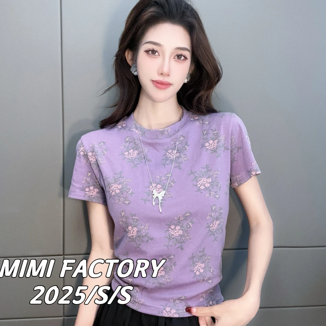 2025新款短袖 欧货花卉设计短袖T恤女修身显瘦上衣5440#