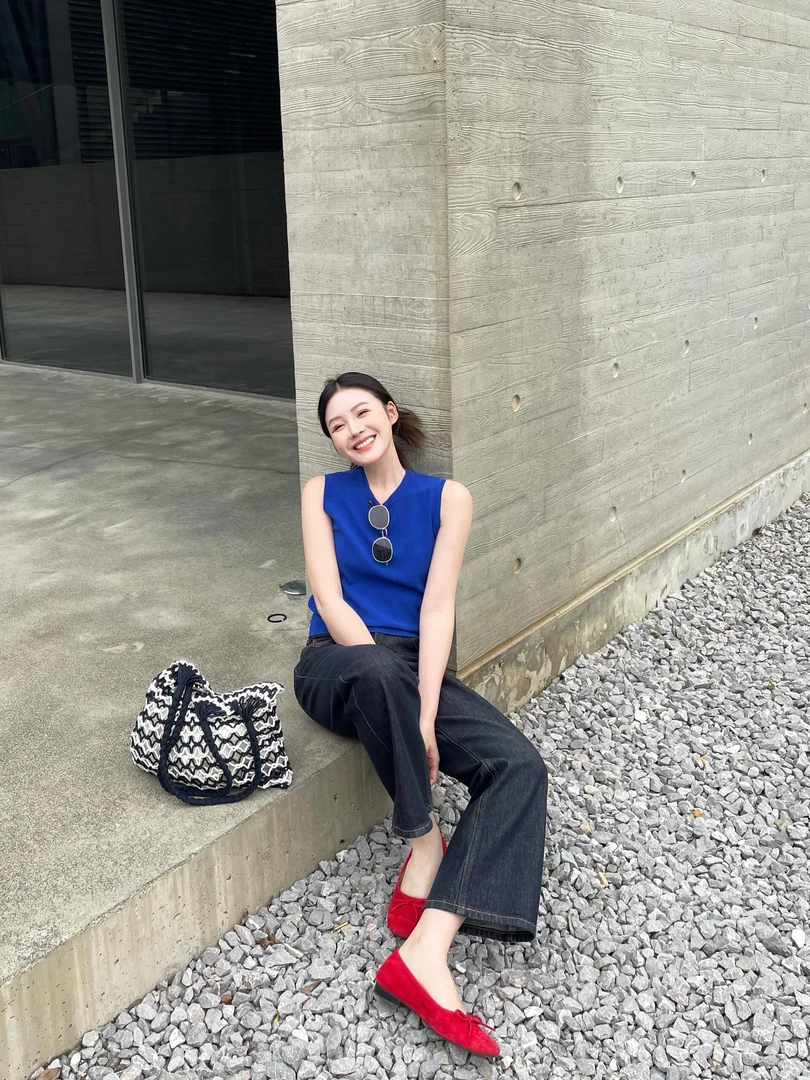 202夏季新款韩系简约圆领针织无袖上衣高腰复古阔腿牛仔裤套装