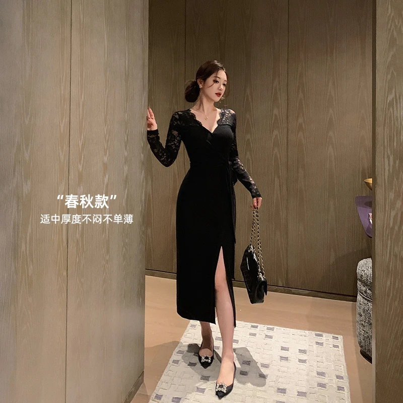 林关关【黑玫瑰】蕾丝V领收腰包臀黑色连衣裙秋季气质显瘦百搭长裙