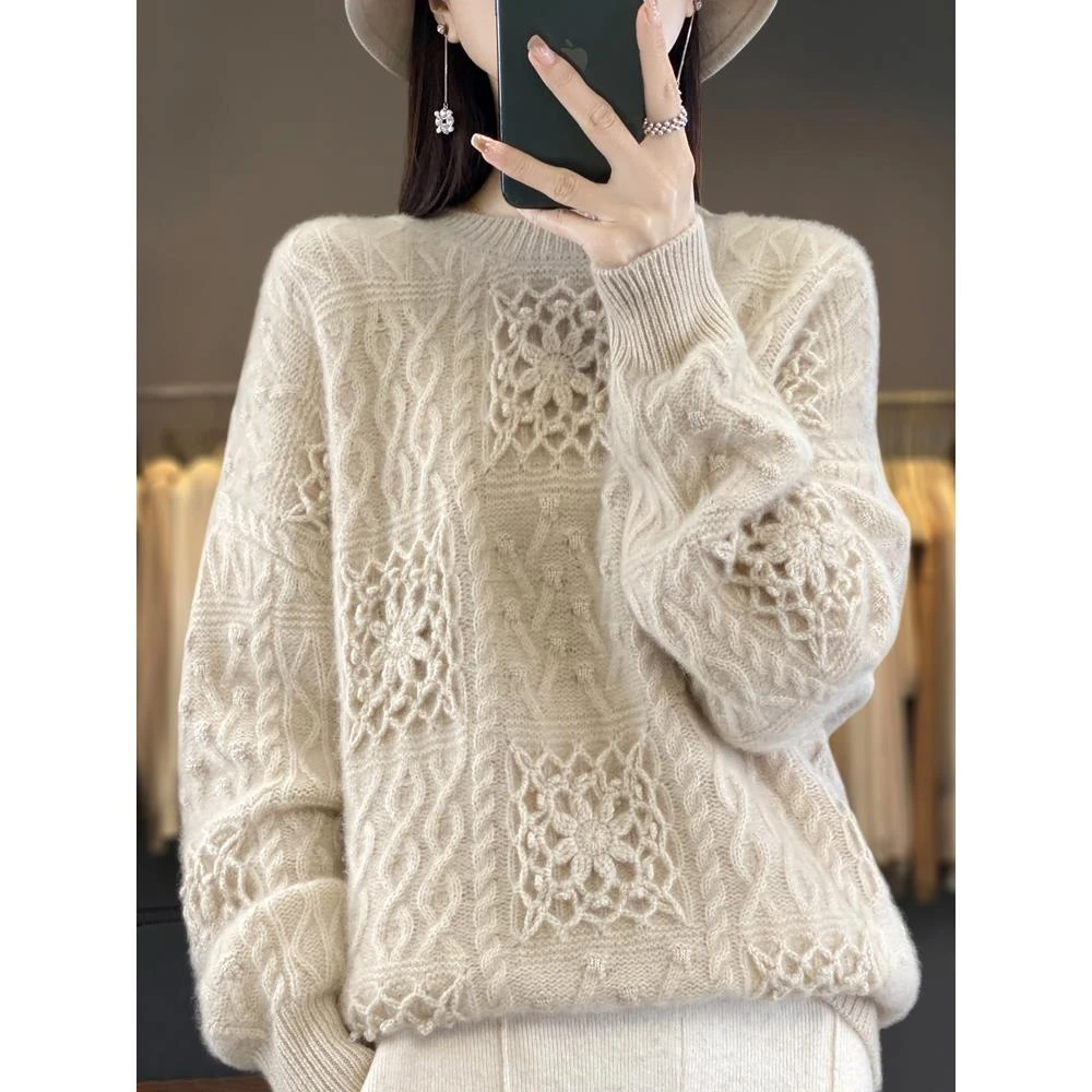 100纯羊毛衫女胖mm秋冬大码毛衣高级感内搭可外穿针织打底羊毛衫