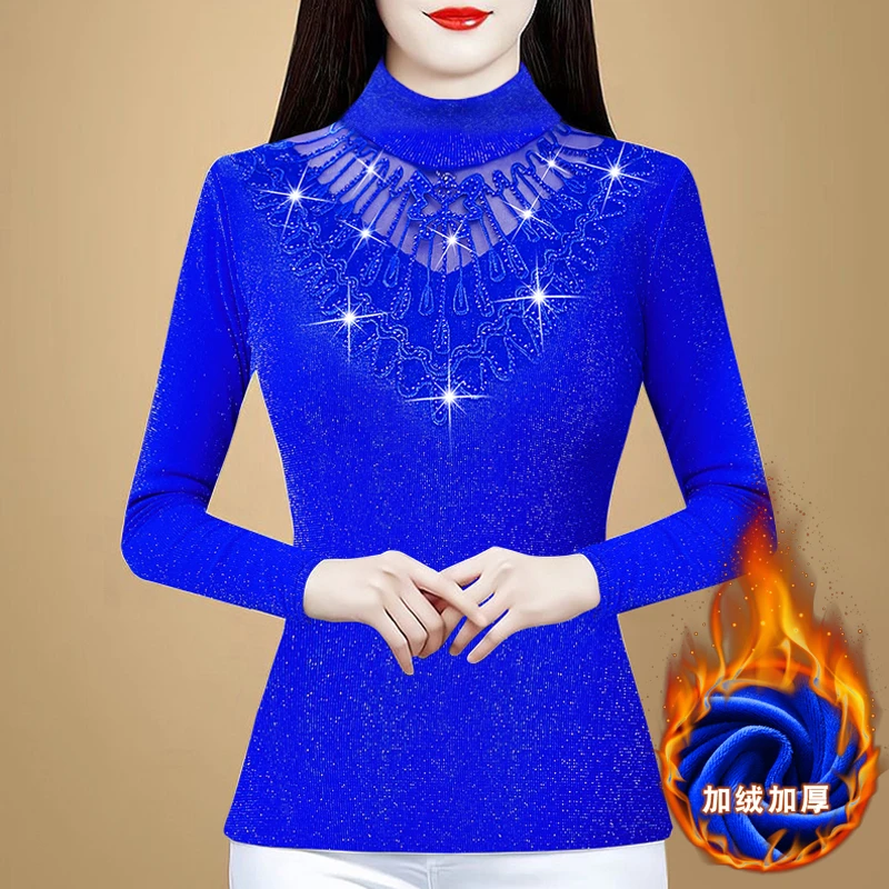 打底衫女士内搭修身秋冬新款洋气加绒保暖上衣长袖妈妈装蕾丝小衫