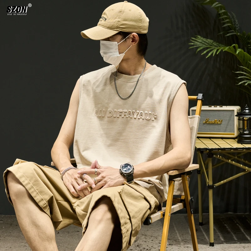 无袖背心无袖t恤男ins潮牌日系简约宽肩砍袖夏季宽松运动坎肩背心