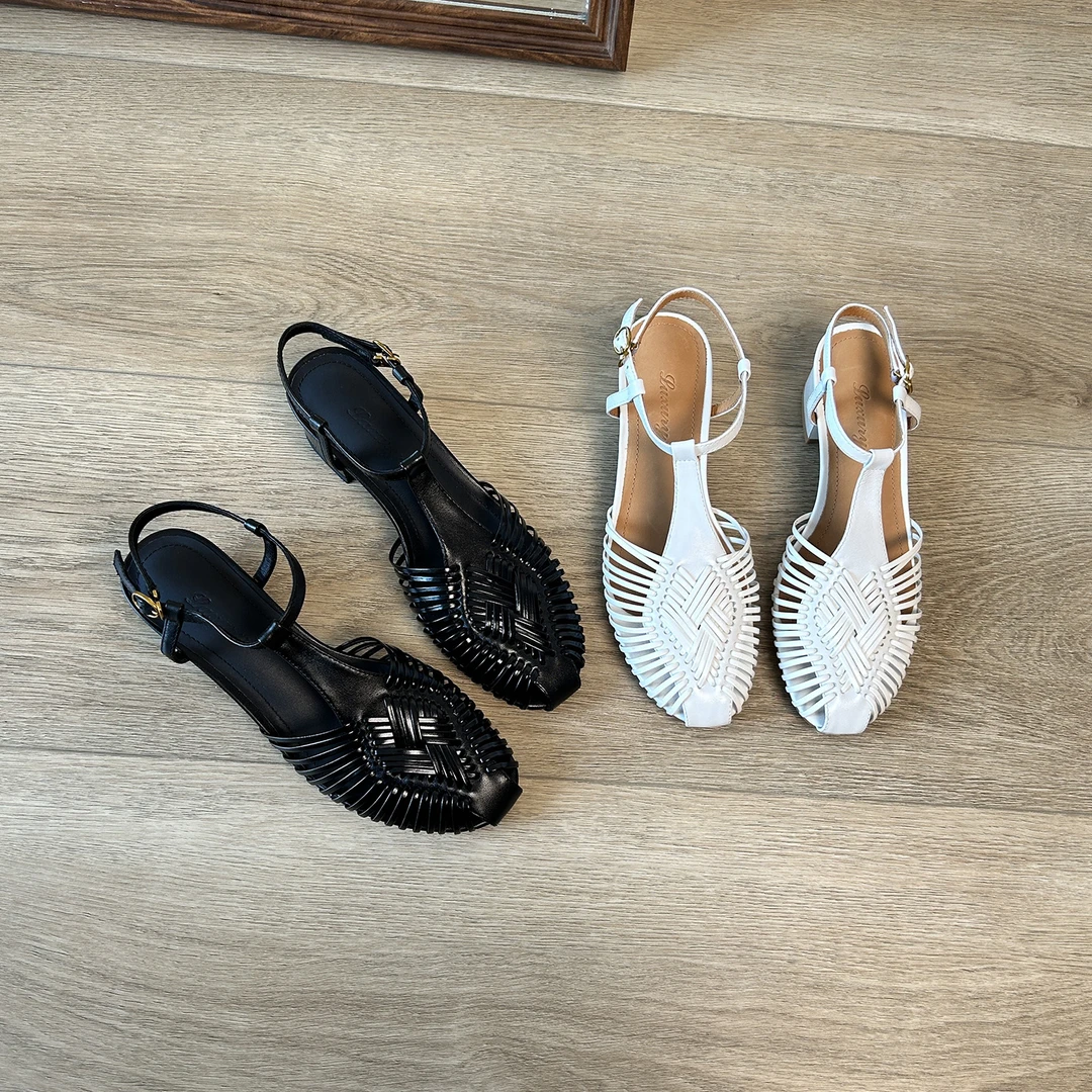 4cm/XW2122牛皮包头凉鞋女夏季新款圆头粗跟罗马鞋法式编织中跟