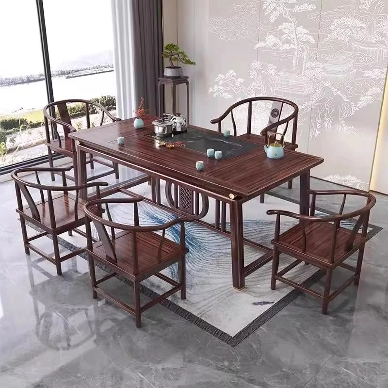 新中式乌金木茶桌椅组合阳台家用新中式茶台烧水壶一体办公室书桌