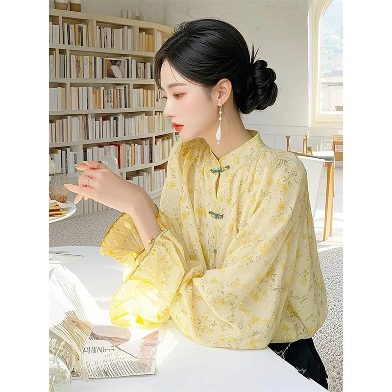 新中式国风设计感黄色碎花衬衫女2025春秋新款气质时尚高级感上衣