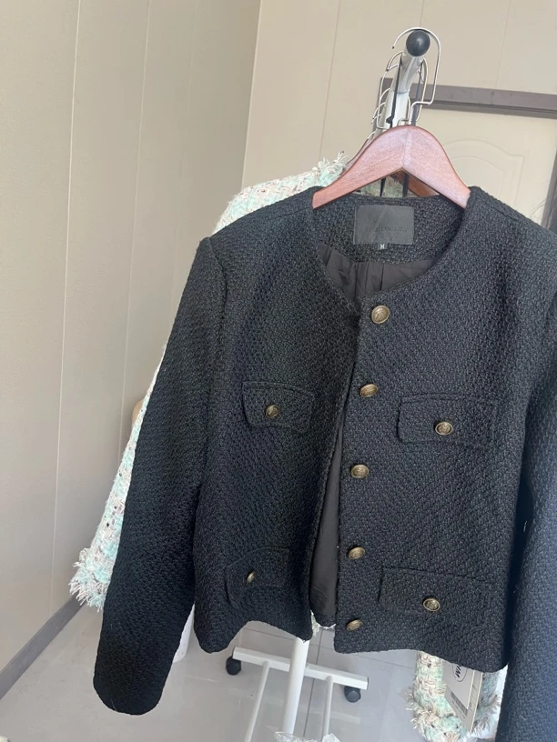 女小香风短外套香风粗花呢外套女时尚粗花呢百搭气质黑色韩版