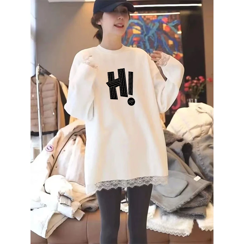 2025春季新款白色内搭打底衫韩系叠穿蕾丝拼接中长款宽松女装上衣