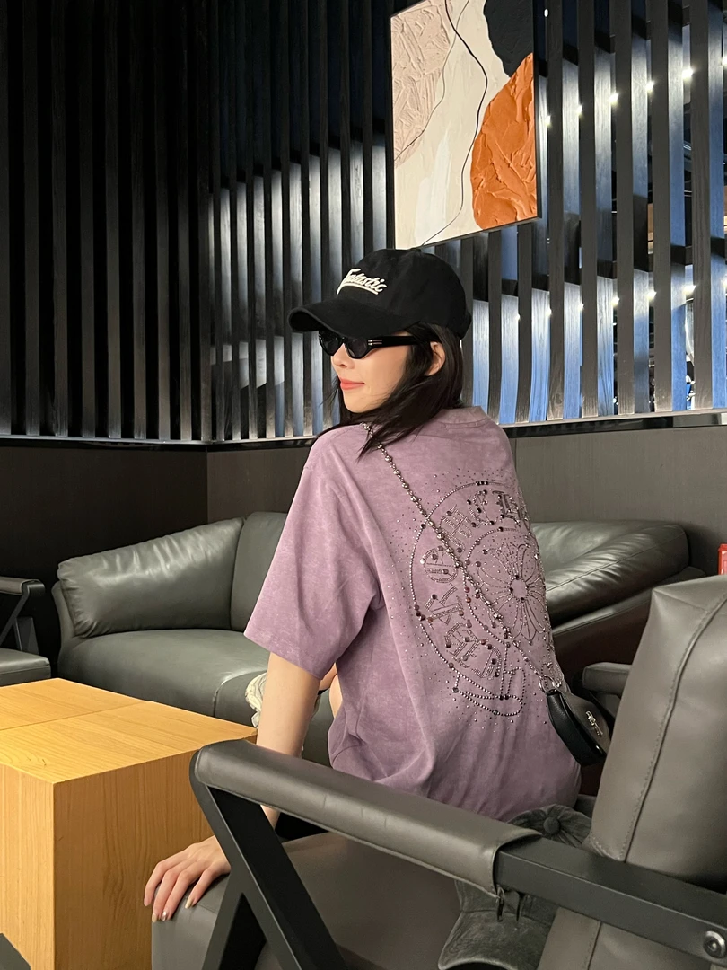 【杨娇娇COCO】春夏新款散粉满天星兰花紫烫钻短袖T恤情侣款上衣