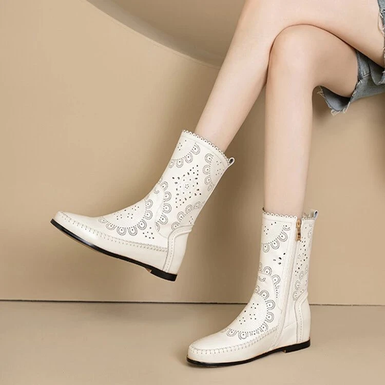 真皮镂空平底靴子女2025秋冬季新款复古真皮内增高短靴圆头马丁靴