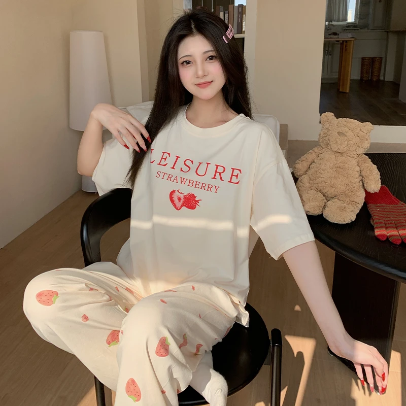 草莓睡衣少女夏季纯棉短袖长裤可爱甜美家居服夏天两件套装可外穿