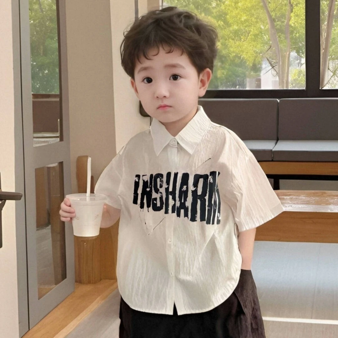 男童白衬衫字母短袖儿童2025新款宝宝衬衣小童夏装洋气好看上衣潮