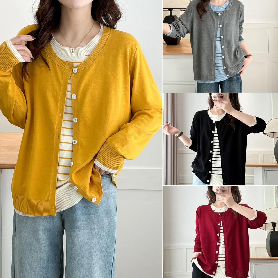 大码春季韩系百搭条纹长袖假两件气质休闲显瘦时尚圆领针织开衫女