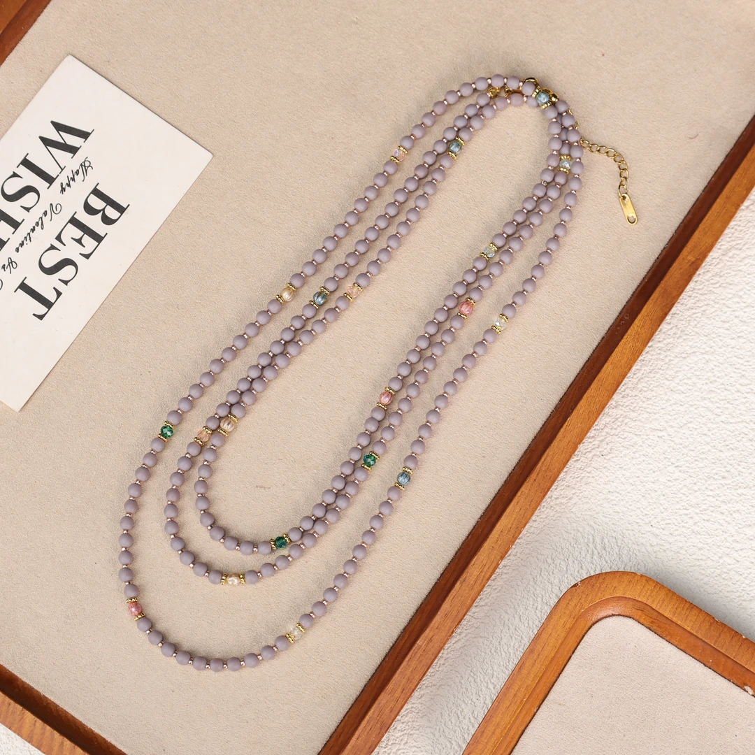 合金项链 LZ4778   4mm香芋紫色磨砂南瓜珠大长链琉璃项链