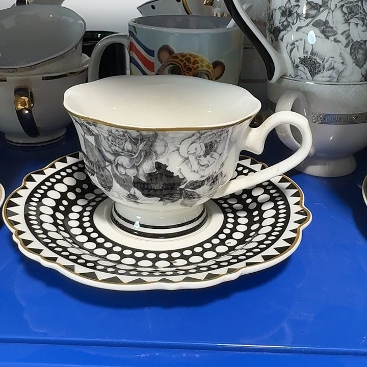 瓷黑花咖啡杯35米两套