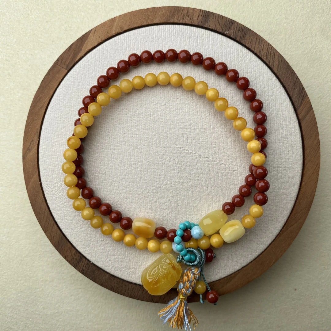 俄料鸡油黄蜜蜡牛血红南红气质双圈手链SN42D