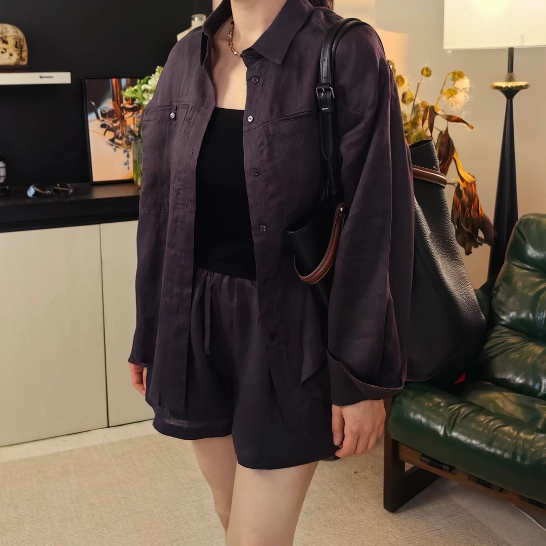 【夜光杯】100亚麻定染葡萄紫衬衫松弛感慵懒风休闲宽松上衣