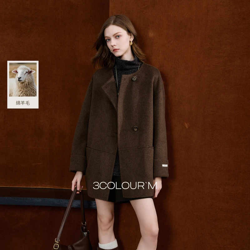 【100绵羊毛】三彩2025冬季新款双面呢大衣中长毛呢外套M