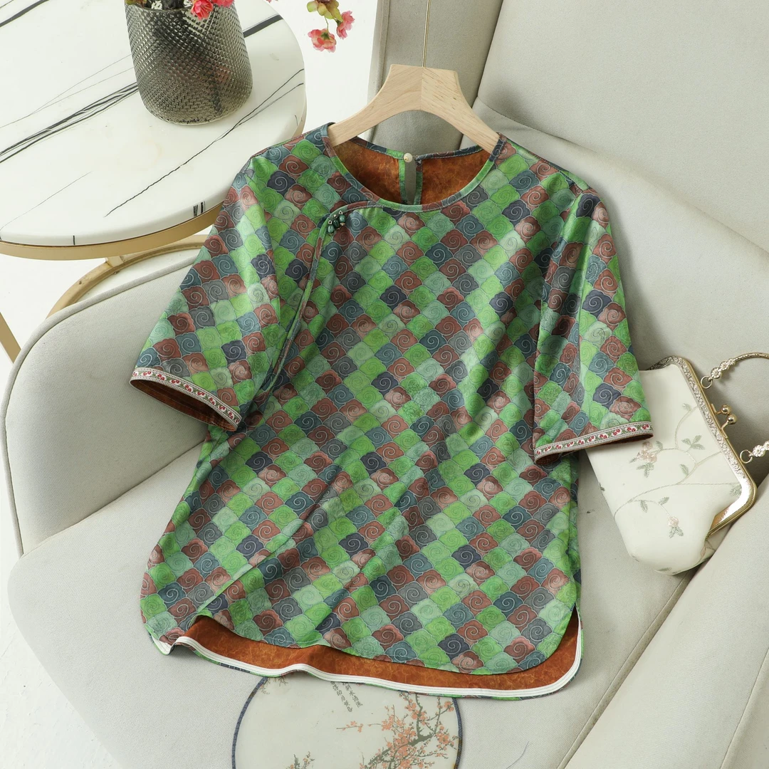 春夏新款复古国风上衣新中式短袖气质宽松印花圆领衬衫130-3