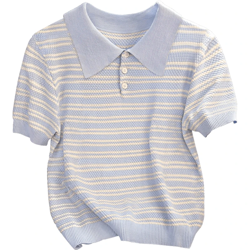 丝柏舍2025夏装新款女装套头简约翻领条纹短款针织衫S52X3259Z