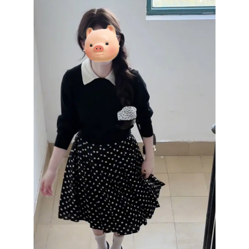韩系早秋氛围感ootd穿搭一整套学院风黑色毛衣波点半身裙两件套装