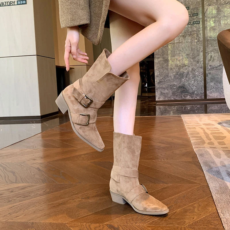 2262-5复古绒面大筒围瘦瘦靴女粗跟西部牛仔靴粗腿宽胖脚大码短靴
