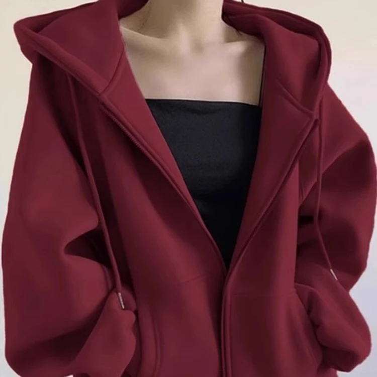 纯色开衫卫衣外套女2025爆款秋冬加绒美式复古慵懒风连帽宽松上衣