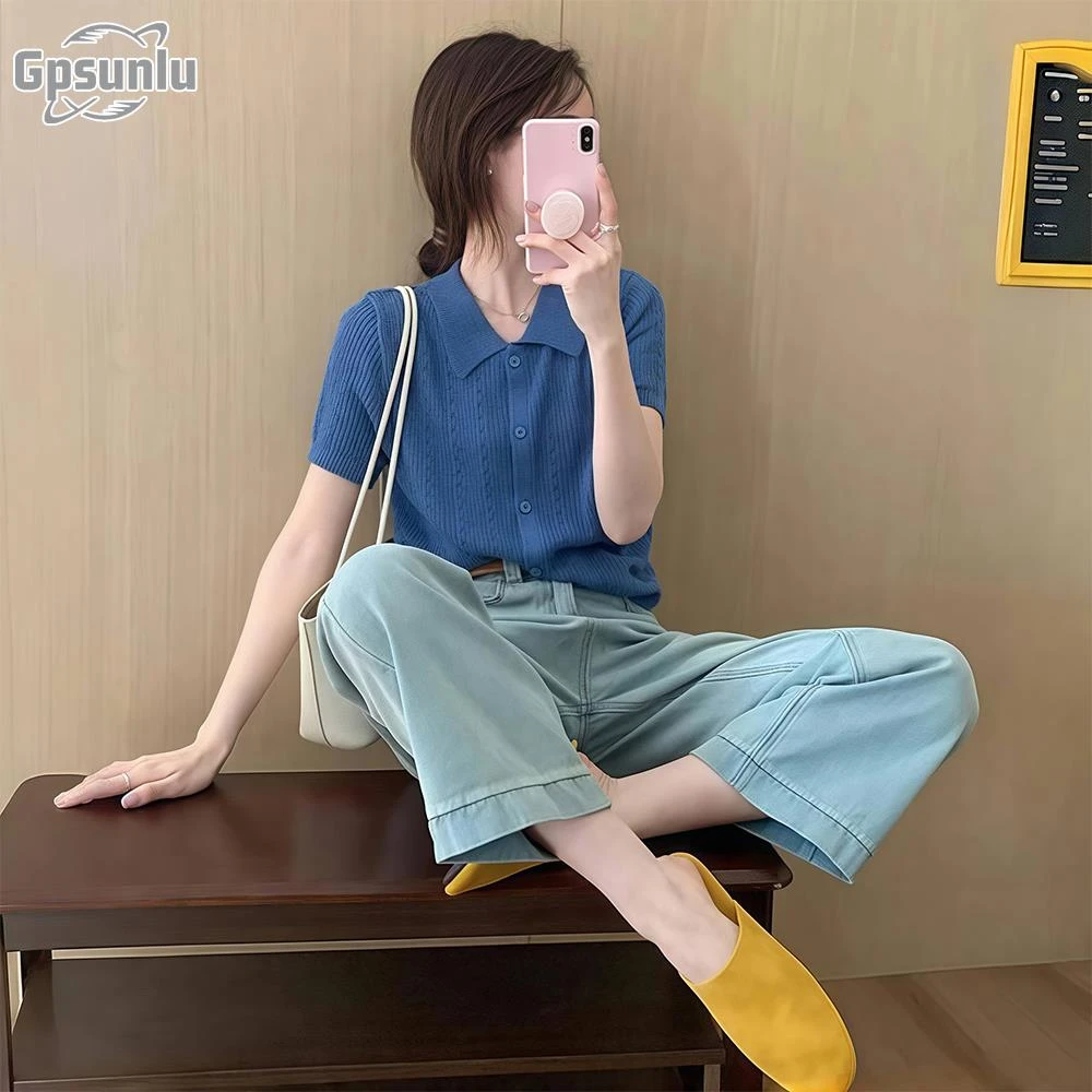 gpsunlu显瘦翻领短袖t恤女新款初夏穿搭韩系别致上衣气质时尚百搭