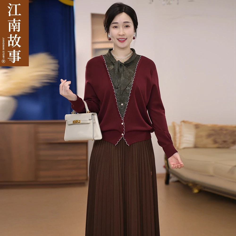 江南故事妈妈装气质V领波浪边丝巾领结针织春秋百搭时尚假两件