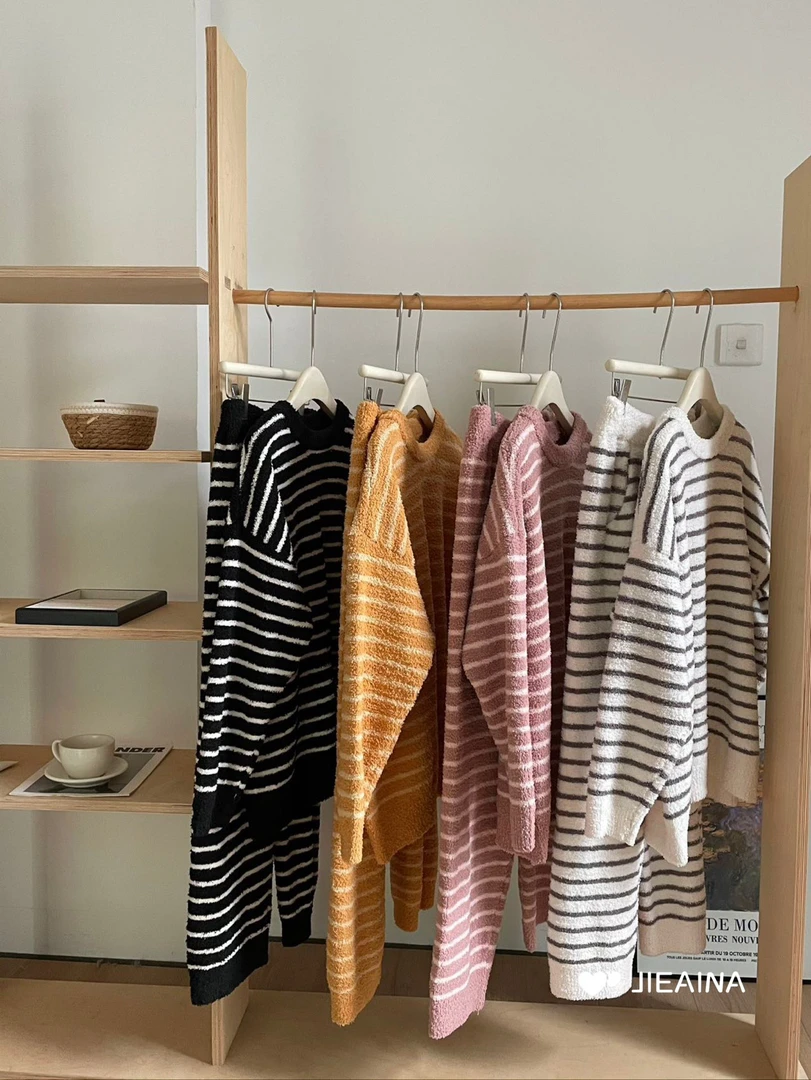 半边绒睡衣女秋冬季加厚保暖两件套新款软绵绵条纹长袖圆领家居服