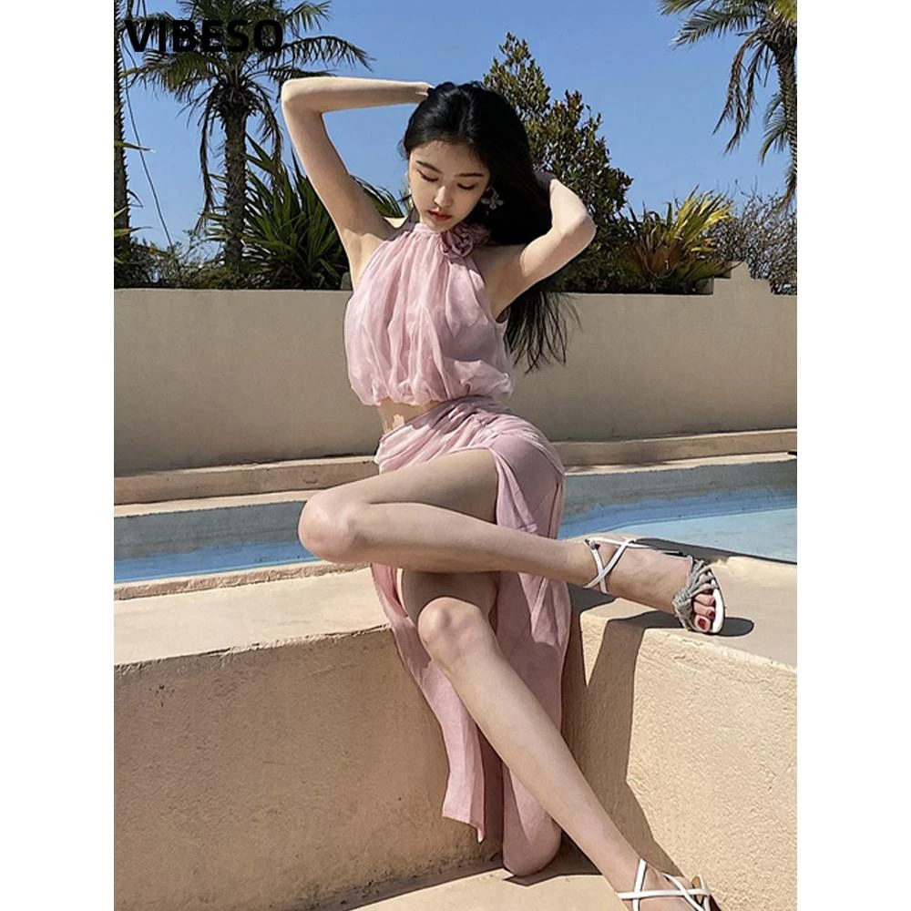 MIMI PLANGE 王柠萌同款挂脖立体花朵收褶纱上衣钻链亚麻半裙套装