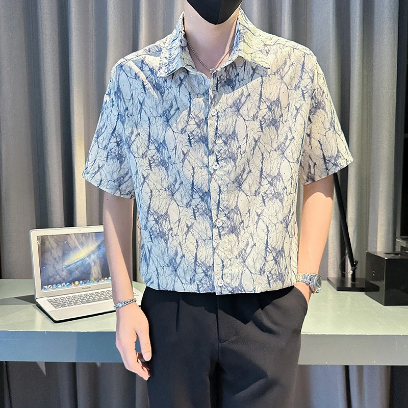 烫钻花衬衫男士短袖夏季薄款2025新款高级感潮牌痞帅高档百搭衬衣