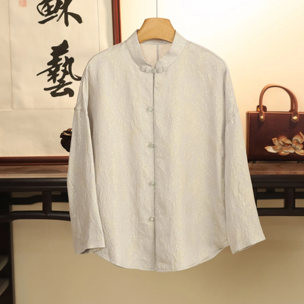 【京华苏艺】桑蚕丝金皮蝴蝶小雏菊新中式国风衬衫上衣女-53210138
