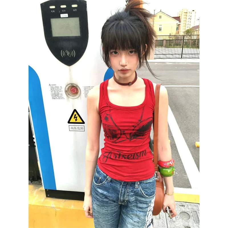 韩版新款红色辣妹别致印花挂脖吊带女夏修身显瘦高级百搭收腰上衣