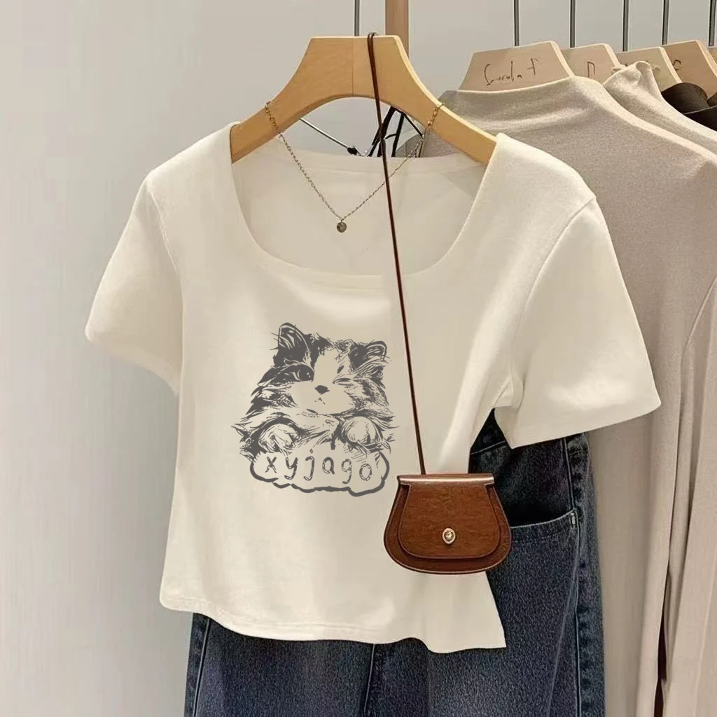 高级感白色纯棉短袖t恤女夏季设计感小众u领修身短款正肩短款上衣