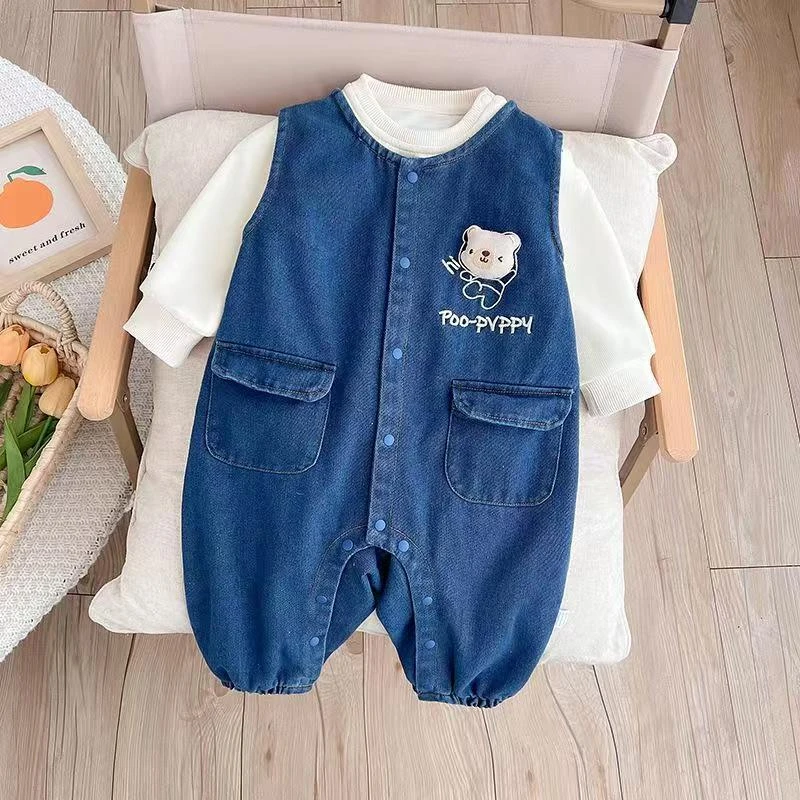 春秋爬服哈衣男宝牛仔连体衣背带裤女宝幼儿韩版牛仔卡通两件套潮